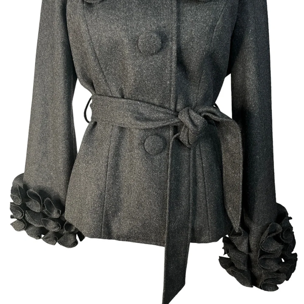 Feratelli Elegant Black Pea Coat with Ruffle Details - Picture 6 of 10
